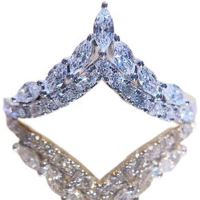 925 Sterling Silver Natural Diamond Crown Ring V-Shaped Microset Zircon Ring Cubic Zirconia Promise Rings CZ Shiny Multi Row Half Diamond Ring Eternity Engagement Wedding Band Ring for Women（6）