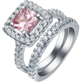 925 Sterling Silver Shiny Full Diamond Gemstone Ring Pink Ring 18K Gold 2PCS quadrate Cut Cubic Zirconia Promise Rings Set CZ Diamond Multi Row Ring Eternity Engagement Wedding Band Ring Sets（6）