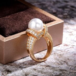 LIOYSIUT Pearl Adjustable Ring for Women in 14k Yellow Gold Plate on 925 Sterling Silver Simulated Pearl Wrap Ring Vsoruln Pearl Ring Statement Ring for Women Size 10