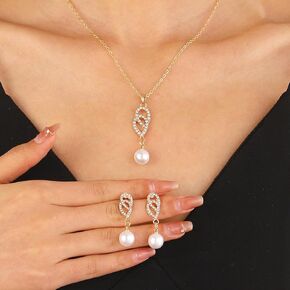 Temperament Diamond Water Droplet Two Piece Necklace Earstuds Valentine's Day Pearl Necklace Light Luxury Fashion Zircon Ring Pearl Pendant Collar Chain