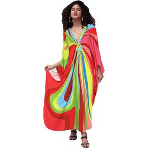 Caftans for Women Plus Size Vneck Beach Coverups Batwing skleeve Vneck Kaftan Dress mumus Side Split Dress Beach