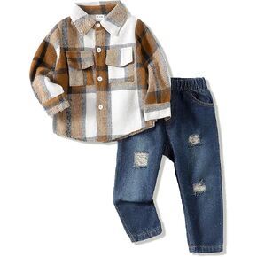 Renotemy Toddler Baby Boy Clothes Outfits Baby Boy Plaid Sweatsuit Jeans Denim Fall Winter Pants Set Toddler Clothes For Boys in Kuwait