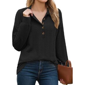 Women's Polo Shirts Long Sleeve Blouses Work Casual Textured Tops 1/4 Button Down V Neck Shirt Fall Tops 2024