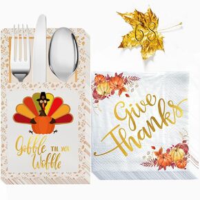 Thanksgiving Napkins, 68 Pcs Gold Foil Napkins Paper and Cutlery Holders Set, Give Thanks Decorations for Autumn Leaves Fall Harvest Wedding Table Disposable Centerpiece Decor