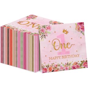 100pcs Floral 1st Birthday Napkins Disposable Floral Miss Onederful Party Paper Luncheon Napkins Set for Girls First Birthday Party Decorations Little Miss Onederful 1st Birthday Supplies