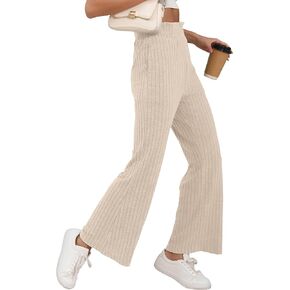 HIYIYEZI Women's Casual Pants High Waisted Wide Leg Pants Rib Knit Elastic Sweater Trousers with Pockets