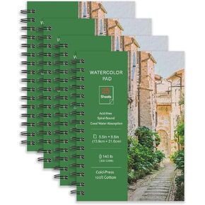 4 Pack Watercolor Paper Pads 5.5x8.5", 140 lb/300 GSM Cold Press Watercolor Paper, Spiral Bound Watercolor Sketchbook for Watercolors, Art Painting, Drawing, DIY Cards(100 Sheets)