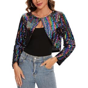 MINTLIMIT Women's Sequin Shrug Long Sleeve Open Front Cropped Bolero Cardigan Shiny Glitter Crop Blazer Jacket with Hook in Kuwait