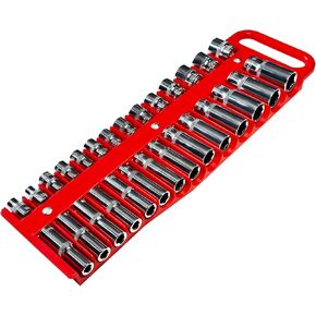 Magnetic Socket Holder Set with Handle, Portable Socket Organizer, Heavy Duty Socket Racks 3/8" Drive Holders Hold 28 standard Sockets for Tool Box (Red, 3/8" Drive)