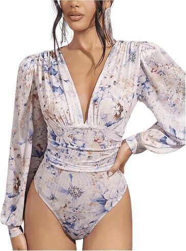 WDIRARA Women's Floral Lantern Long Sleeve Bodysuit Mesh Deep V Neck Ruched Bodysuit Top Shirt in Saudi Arabia