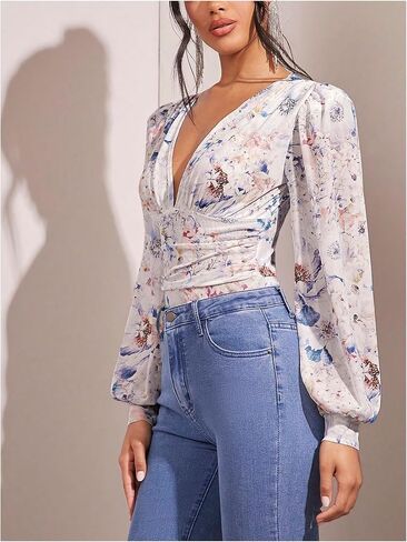 WDIRARA Women's Floral Lantern Long Sleeve Bodysuit Mesh Deep V Neck Ruched Bodysuit Top Shirt in Saudi Arabia
