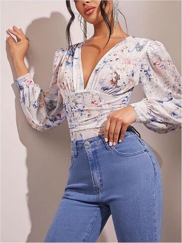 WDIRARA Women's Floral Lantern Long Sleeve Bodysuit Mesh Deep V Neck Ruched Bodysuit Top Shirt in Saudi Arabia