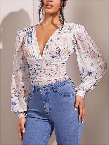 WDIRARA Women's Floral Lantern Long Sleeve Bodysuit Mesh Deep V Neck Ruched Bodysuit Top Shirt in Saudi Arabia