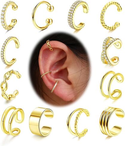 FUNRUN JEWELRY 12Pcs Ear Cuff For Women Non Piercing 14K Gold Plated Ear Cuff Gold Cuff Earrings For Women Pierced Earring Cuffs Non Pierced Lightweight in Saudi Arabia