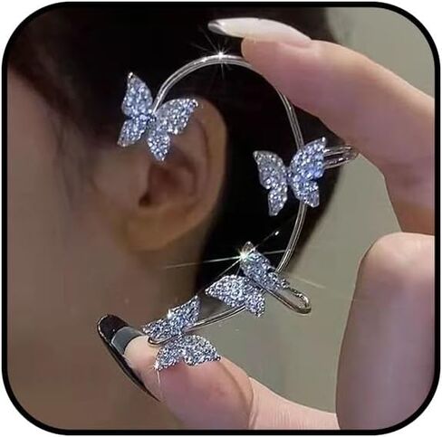 Butterfly Ear Clips for Women Rhinestone Butterfly Ear Wrap Gold/Silver No Piercing Ear Clips Shiny Bride Wedding Butterfly Ear Clips Cuff Clip On Earrings in Saudi Arabia