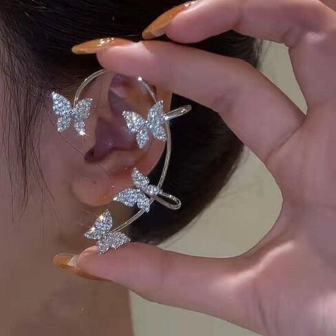 Butterfly Ear Clips for Women Rhinestone Butterfly Ear Wrap Gold/Silver No Piercing Ear Clips Shiny Bride Wedding Butterfly Ear Clips Cuff Clip On Earrings in Saudi Arabia