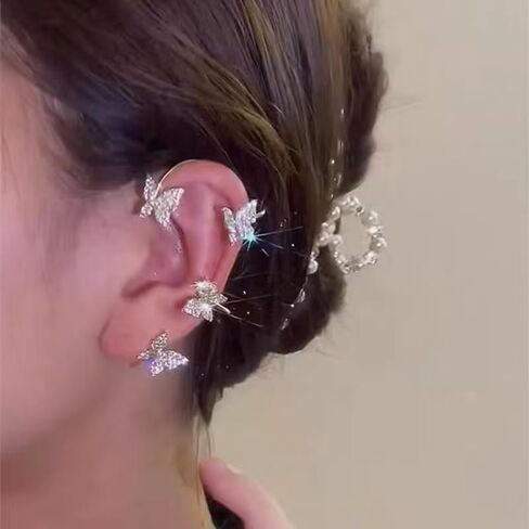 Butterfly Ear Clips for Women Rhinestone Butterfly Ear Wrap Gold/Silver No Piercing Ear Clips Shiny Bride Wedding Butterfly Ear Clips Cuff Clip On Earrings in Saudi Arabia