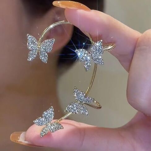 Butterfly Ear Clips for Women Rhinestone Butterfly Ear Wrap Gold/Silver No Piercing Ear Clips Shiny Bride Wedding Butterfly Ear Clips Cuff Clip On Earrings in Saudi Arabia