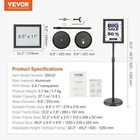 VEVOR Pedestal Sign Holder, 11 x 17 Inch Vertical and Horizontal Adjustable Poster Stand, Heavy-Duty Floor Standing Sign Holder with Round Base for Display, Advertisement, and Outdoor, Black in Saudi Arabia