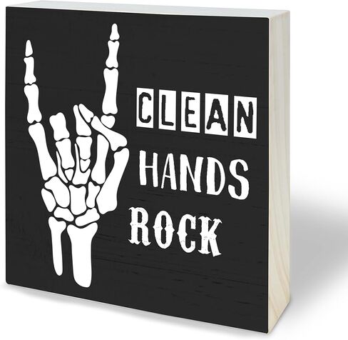 لافتة مكعبات خشبية قوطية مقاس 10.16 سم × 10.16 سم - صخرة الأيدي النظيفة - لوحة من خشب الصنوبر الأسود، ديكور المنزل والحمام، زينة المرحاض، لوازم الرف، هدية ديكور المنزل الجديد - A23 in Kuwait