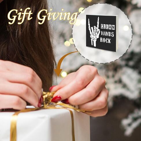 لافتة مكعبات خشبية قوطية مقاس 10.16 سم × 10.16 سم - صخرة الأيدي النظيفة - لوحة من خشب الصنوبر الأسود، ديكور المنزل والحمام، زينة المرحاض، لوازم الرف، هدية ديكور المنزل الجديد - A23 in Kuwait