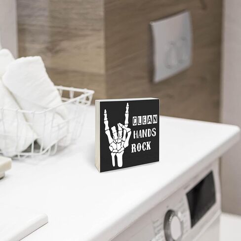 لافتة مكعبات خشبية قوطية مقاس 10.16 سم × 10.16 سم - صخرة الأيدي النظيفة - لوحة من خشب الصنوبر الأسود، ديكور المنزل والحمام، زينة المرحاض، لوازم الرف، هدية ديكور المنزل الجديد - A23 in Kuwait