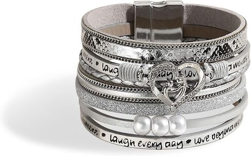 Long tiantian Boho Cuff Bracelet with Heart-shape and Pearl Decor Boho Wrap Bracelet Handmade Clasp Bangle Multilayer Leather Wrap Bracelet Leather Cuff Bracelets for Women Teens Girls(silver) in Saudi Arabia