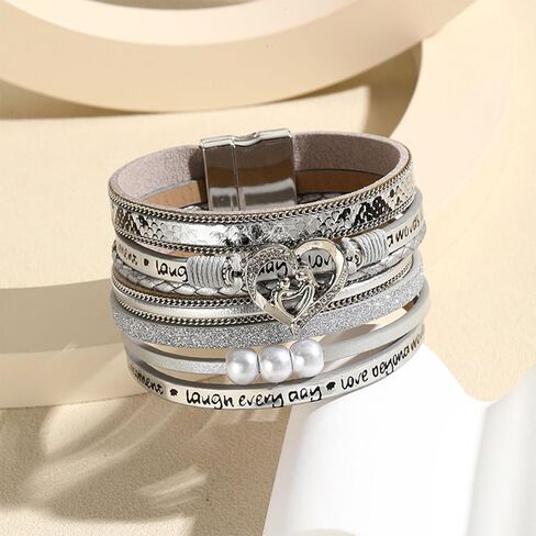 Long tiantian Boho Cuff Bracelet with Heart-shape and Pearl Decor Boho Wrap Bracelet Handmade Clasp Bangle Multilayer Leather Wrap Bracelet Leather Cuff Bracelets for Women Teens Girls(silver) in Saudi Arabia