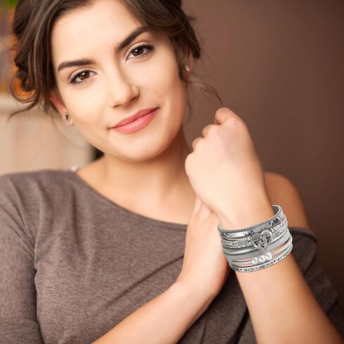 Long tiantian Boho Cuff Bracelet with Heart-shape and Pearl Decor Boho Wrap Bracelet Handmade Clasp Bangle Multilayer Leather Wrap Bracelet Leather Cuff Bracelets for Women Teens Girls(silver) in Saudi Arabia