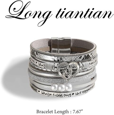 Long tiantian Boho Cuff Bracelet with Heart-shape and Pearl Decor Boho Wrap Bracelet Handmade Clasp Bangle Multilayer Leather Wrap Bracelet Leather Cuff Bracelets for Women Teens Girls(silver) in Saudi Arabia