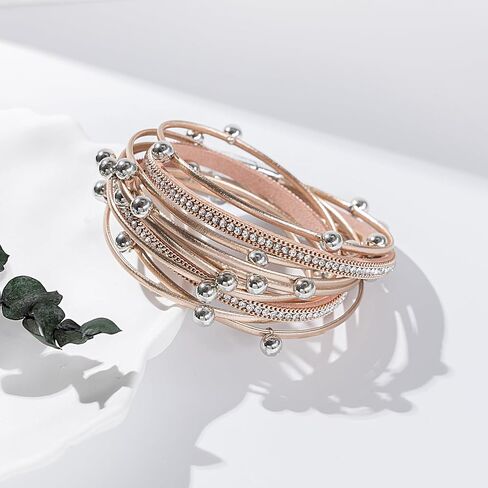 FANCY SHINY Leather Beaded Bracelet Boho Wrap Bracelets Gothic Jewelry Stackable Goth Bracelets with Magnetic Clasp in Saudi Arabia