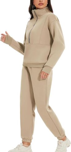 ROJZR الصوف عرق النساء مجموعة 2 قطعة نصف البريدي البلوز عارضة عداء ببطء Sweatpants مجموعات 2 قطعة العرق مجموعات in Saudi Arabia