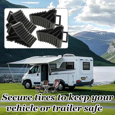 Acrux7 4 قطع من ثقوب العجلات، عوارض عجلات بلاستيكية صلبة مع مقبض إسفين سدادة عجلة RV شديدة التحمل، عوارض عجلات مطاطية سوداء لمركبة RV، مقطورة، العربة، السيارة، الشاحنة، 6.1 × 3.4 × 3.4 بوصة in Kuwait