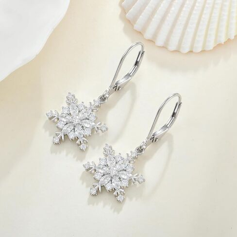 Women Snowflake Pearl Earrings,925 Sterling Silver Snowflake Dangle Drop Earrings for Christmas Thanksgiving Day Jewelry Gifts in Kuwait
