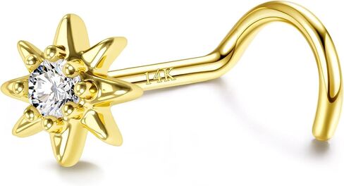 cocharm 14k الذهب الأصفر الأنف مسمار 20 جرام 14 كيلو الذهب الحقيقي الأنف الدائري مسمار نجمة الأنف العظام ثقب الأنف 14kt الصلبة الذهب الأنف ثقب المجوهرات للنساء الرجال 7mm طويلة in Saudi Arabia