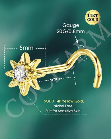 cocharm 14k الذهب الأصفر الأنف مسمار 20 جرام 14 كيلو الذهب الحقيقي الأنف الدائري مسمار نجمة الأنف العظام ثقب الأنف 14kt الصلبة الذهب الأنف ثقب المجوهرات للنساء الرجال 7mm طويلة in Saudi Arabia