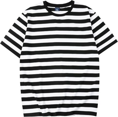 LEDING Mens Shirts Striped Crewneck Short Sleeve Soft Elastic Cotton Basic Pullover Black White Stripe tee Shirt in Saudi Arabia