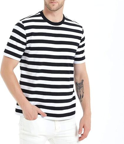 LEDING Mens Shirts Striped Crewneck Short Sleeve Soft Elastic Cotton Basic Pullover Black White Stripe tee Shirt in Saudi Arabia