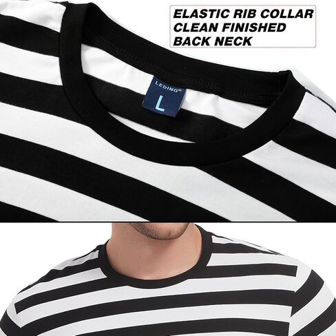 LEDING Mens Shirts Striped Crewneck Short Sleeve Soft Elastic Cotton Basic Pullover Black White Stripe tee Shirt in Saudi Arabia