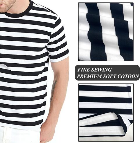 LEDING Mens Shirts Striped Crewneck Short Sleeve Soft Elastic Cotton Basic Pullover Black White Stripe tee Shirt in Saudi Arabia