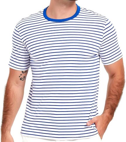 LEDING Mens Shirts Striped Crewneck Short Sleeve Soft Elastic Cotton Basic Pullover Black White Stripe tee Shirt in Saudi Arabia