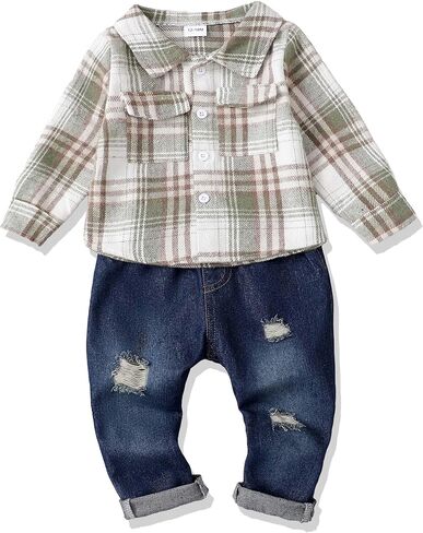 Renotemy Toddler Baby Boy Clothes Outfits Baby Boy Plaid Sweatsuit Jeans Denim Fall Winter Pants Set Toddler Clothes For Boys in Kuwait