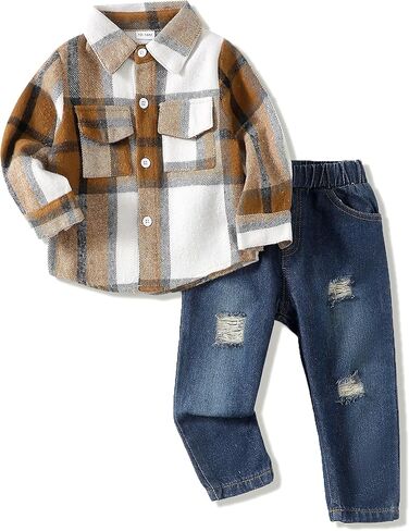 Renotemy Toddler Baby Boy Clothes Outfits Baby Boy Plaid Sweatsuit Jeans Denim Fall Winter Pants Set Toddler Clothes For Boys in Kuwait