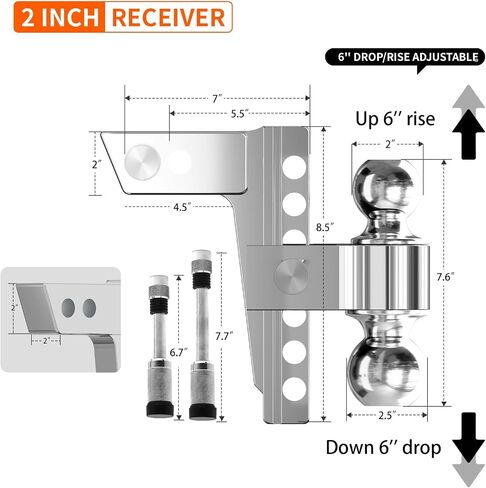 Adjustable Trailer Hitch 6''Drop/Rise Hitch Ball Mount Fits 2''Receiver, 2"&2-5/16" Dual Tow Balls up to 12,500 LBS GTW, Aluminum Tow Hitches with Two Anti-Theft Pins Locks for Truck, Black in Saudi Arabia
