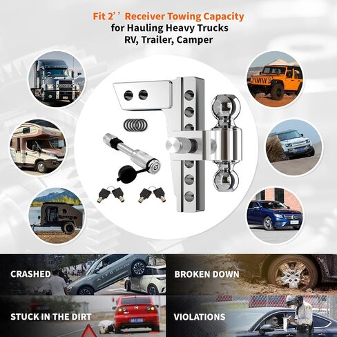 Adjustable Trailer Hitch 6''Drop/Rise Hitch Ball Mount Fits 2''Receiver, 2"&2-5/16" Dual Tow Balls up to 12,500 LBS GTW, Aluminum Tow Hitches with Two Anti-Theft Pins Locks for Truck, Black in Saudi Arabia