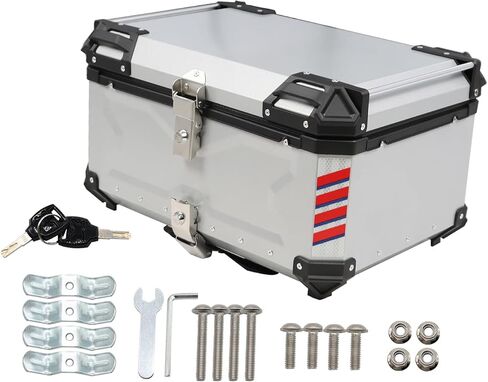 65L Black Silver Motorcycle Top Case Aluminum Motorcycle Trunk with Two Keys Motorcycle Tail Box with Backrest (Silver) in Saudi Arabia