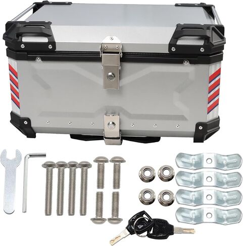 65L Black Silver Motorcycle Top Case Aluminum Motorcycle Trunk with Two Keys Motorcycle Tail Box with Backrest (Silver) in Saudi Arabia