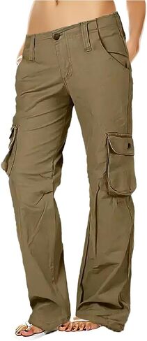Flamingals Women's Straight Leg Cargo Pants Mid Waist Buckle Flap Pocket Casual Pants in Saudi Arabia