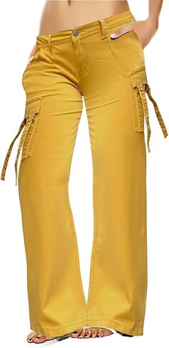 Flamingals Women's Straight Leg Cargo Pants Mid Waist Buckle Flap Pocket Casual Pants in Saudi Arabia