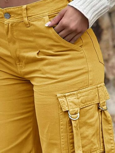 Flamingals Women's Straight Leg Cargo Pants Mid Waist Buckle Flap Pocket Casual Pants in Saudi Arabia